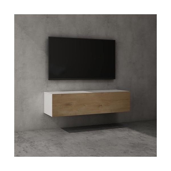 Sogood Meuble TV Bas 280 cm Armoire TV Marron Clair + Blanc Mat Table de Télévision Salon avec Portes Meuble TV Suspendu MBTV