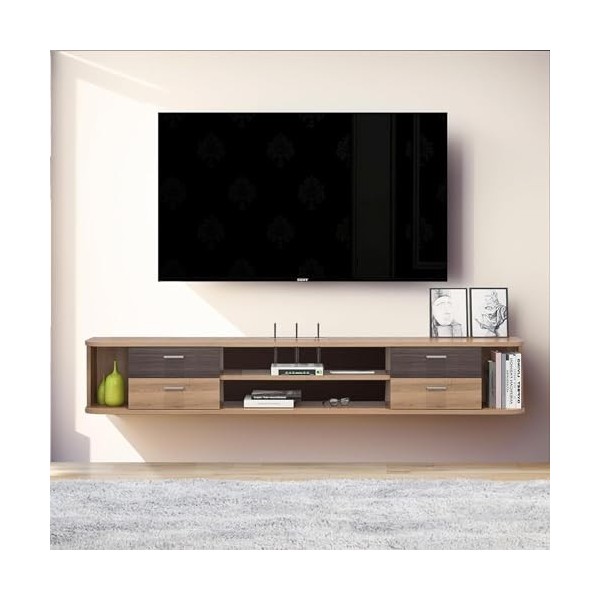 Pmnianhua Meuble TV flottant de 140 cm, étagères flottantes avec 4 tiroirs, console centrale de divertissement moderne, grand