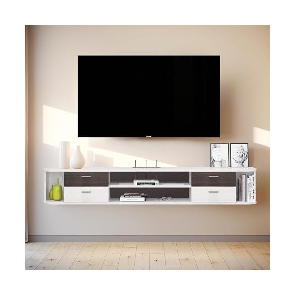 Pmnianhua Meuble TV flottant de 140 cm, étagères flottantes avec 4 tiroirs, console centrale de divertissement moderne, grand