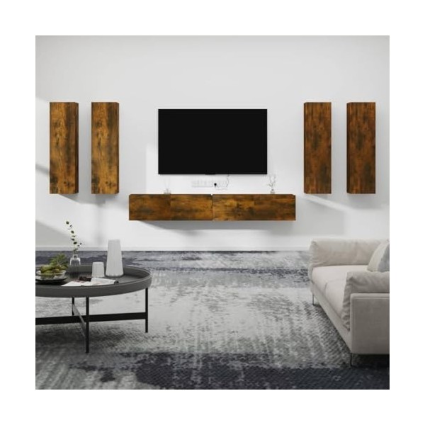 Camerina Ensemble de Meubles TV 6 pcs Chêne fumé Bois dingénierie,Meuble TV,Table Basse Salon Meuble TV,Table Basse LED Coul