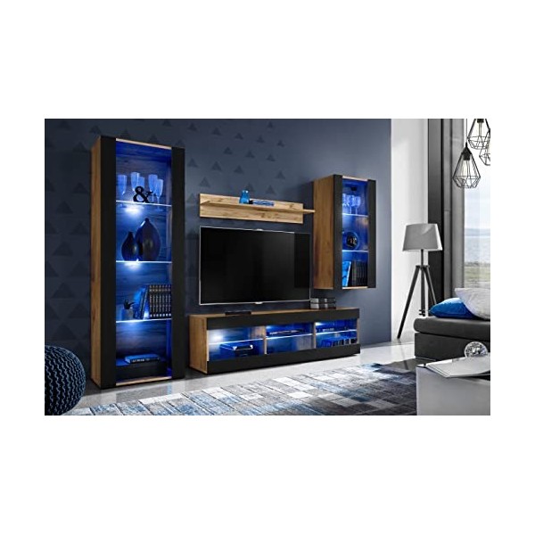 ExtremeFurniture Open SET4 Meuble TV, Carcasse en Wotan Mat/Façade en Noir Mat + LED Multicolores avec télécommande