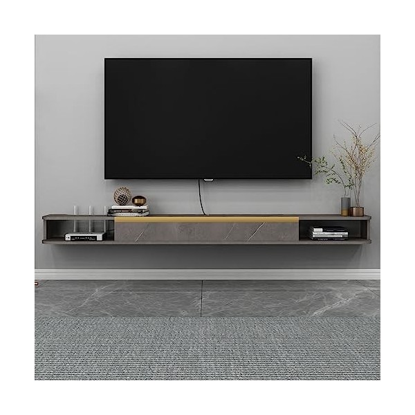 Bixiaomei Meuble TV flottant, 140 cm, étagères flottantes avec porte, console média moderne, grand banc de rangement pour sal