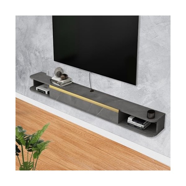 Bixiaomei Meuble TV flottant, 140 cm, étagères flottantes avec porte, console média moderne, grand banc de rangement pour sal
