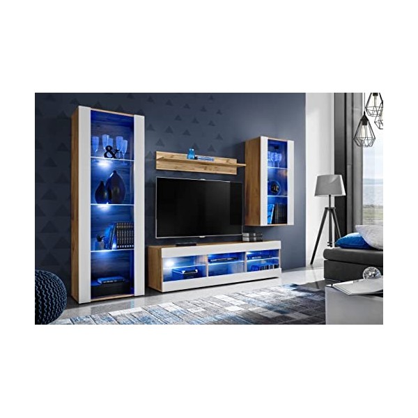 ExtremeFurniture Open SET4 Meuble TV, Carcasse en Wotan Mat/Façade en Blanc Mat + LED Multicolores avec télécommande