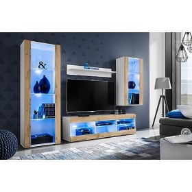 ExtremeFurniture Open SET4 Meuble TV, Carcasse en Blanc Mat/Façade en Wotan Mat + LED Multicolores avec télécommande