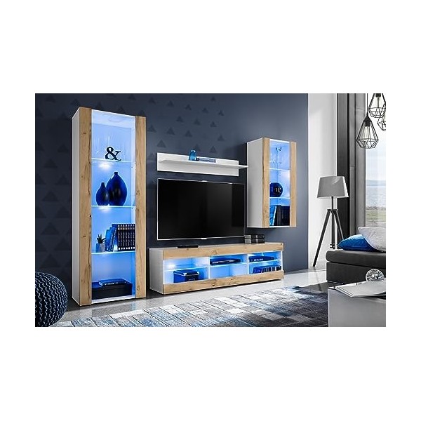 ExtremeFurniture Open SET4 Meuble TV, Carcasse en Blanc Mat/Façade en Wotan Mat + LED Multicolores avec télécommande