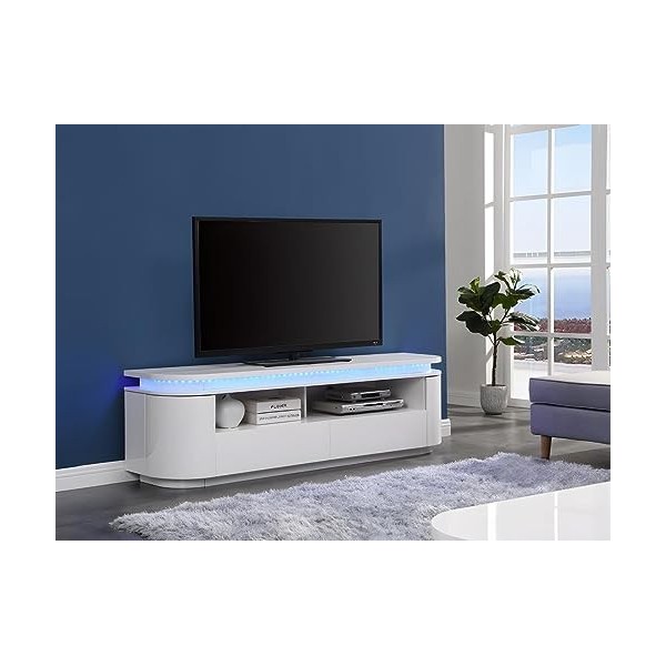Vente-unique - Meuble TV 2 Portes et 2 tiroirs avec LEDs - MDF - Blanc laqué - VANDANA