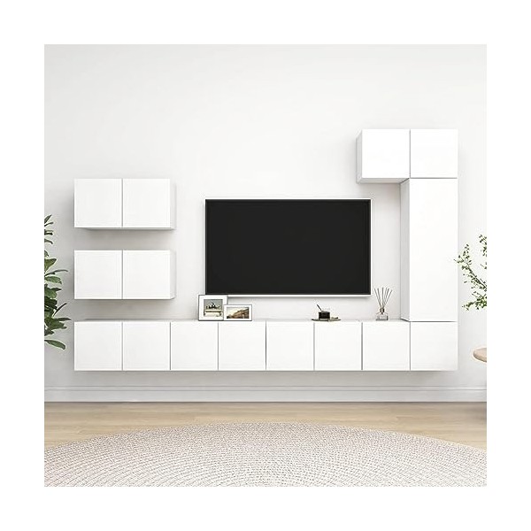 Tidyard Ensemble de Meuble TV Lot de 8 Blanc Aggloméré, Banc TV avec Compartiments de Stockage, Montage Mural Support de Télé