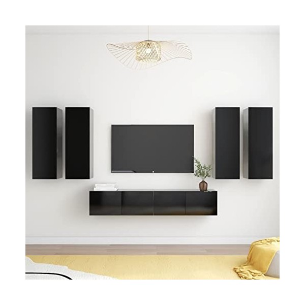 Tidyard Ensemble de Meuble TV Lot de 6 Blanc Brillant Aggloméré, Banc TV avec Compartiments de Stockage, Montage Mural Suppor