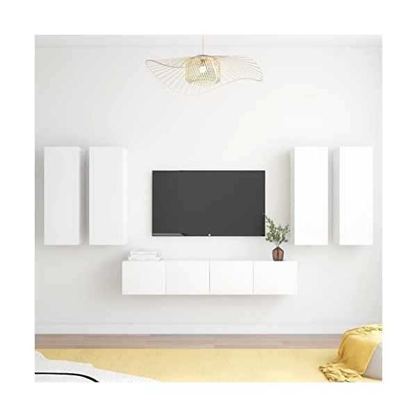 Tidyard Ensemble de Meuble TV Lot de 6 Blanc Brillant Aggloméré, Banc TV avec Compartiments de Stockage, Montage Mural Suppor