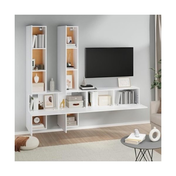 Meuble TV Mural Blanc Moderne – Console en boisingénierie, étagère Flottante et Armoire pour Un Centre de Divertissement él