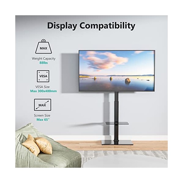 WALI Meuble TV au sol avec support pivotant réglable en hauteur et design peu encombrant pour la plupart des téléviseurs LCD,