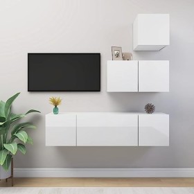 Meuble TV 4 pièces en bois blanc brillant