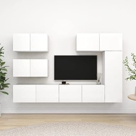 Meuble TV Mural avec Compartiments 6pcs, Meuble de Rangement TV Table pour Salon, Classique, Blanc