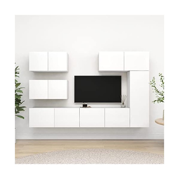 Meuble TV Mural avec Compartiments 6pcs, Meuble de Rangement TV Table pour Salon, Classique, Blanc
