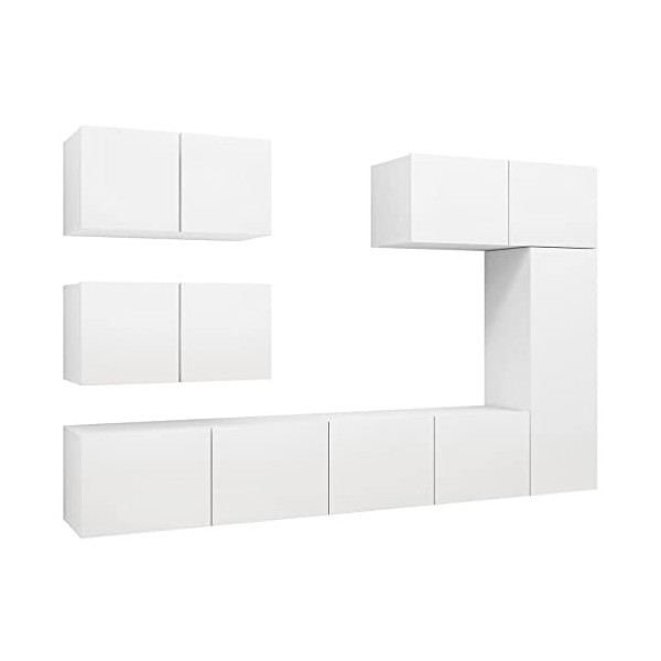 Meuble TV Mural avec Compartiments 6pcs, Meuble de Rangement TV Table pour Salon, Classique, Blanc