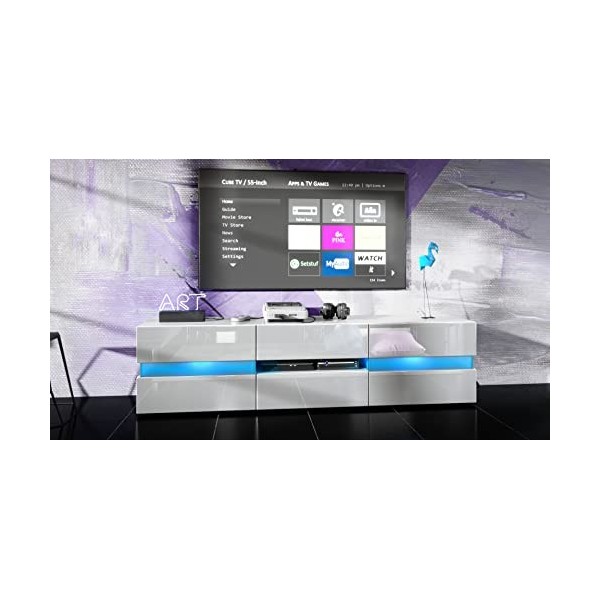 Vladon Buffet Bas Flow, Meuble TV avec vitre d’Ambiance rétroéclairée, 2 Portes, 1 tiroir et 1 clapet, Blanc Haute Brillance/