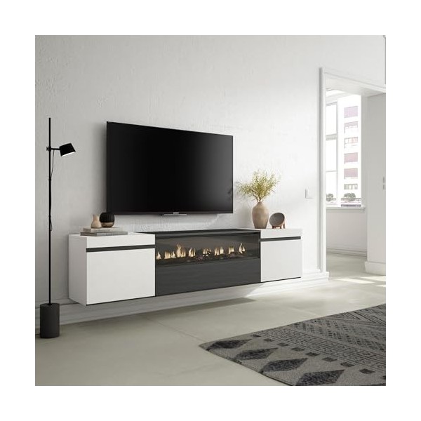 Skraut Home | Meuble TV | Banc Télé | Grand Espace de Rangement | 200x45x35cm | pour Les TV jusquà 80" | Cheminée électrique