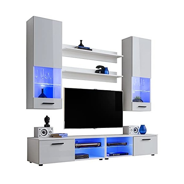 ExtremeFurniture Vida Meuble TV, Carcasse en Blanc Mat/Façade en Blanc Brillant + LED Bleues