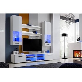 ExtremeFurniture Vida Meuble TV, Carcasse en Blanc Mat/Façade en Blanc Brillant + LED Bleues