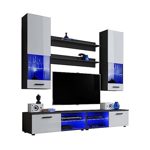 ExtremeFurniture Vida Meuble TV, Carcasse en Noir Mat/Façade en Blanc Brillant + LED Bleues