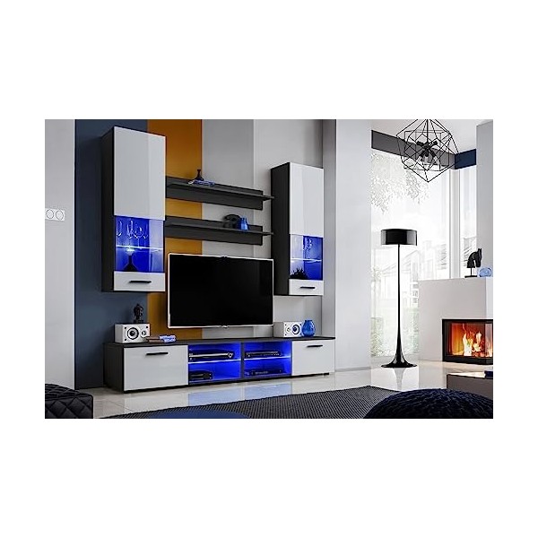 ExtremeFurniture Vida Meuble TV, Carcasse en Noir Mat/Façade en Blanc Brillant + LED Bleues