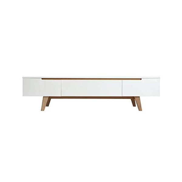 Miliboo Meuble TV scandinave Blanc Brillant et frêne 180cm MELKA