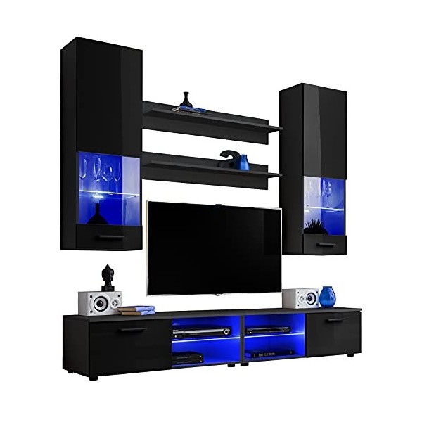 ExtremeFurniture Vida Meuble TV, Carcasse en Noir Mat/Façade en Noir Brillant + LED Bleues