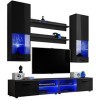 ExtremeFurniture Vida Meuble TV, Carcasse en Noir Mat/Façade en Noir Brillant + LED Bleues