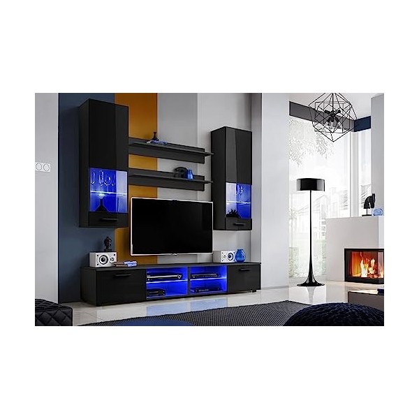 ExtremeFurniture Vida Meuble TV, Carcasse en Noir Mat/Façade en Noir Brillant + LED Bleues