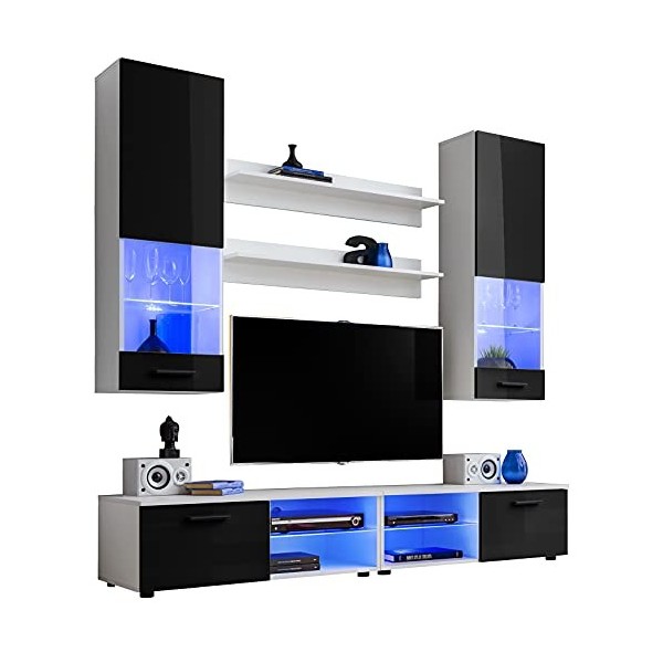 ExtremeFurniture Vida Meuble TV, Carcasse en Blanc Mat/Façade en Noir Brillant + LED Bleues