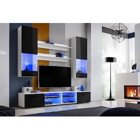 ExtremeFurniture Vida Meuble TV, Carcasse en Blanc Mat/Façade en Noir Brillant + LED Bleues