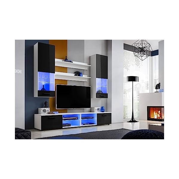 ExtremeFurniture Vida Meuble TV, Carcasse en Blanc Mat/Façade en Noir Brillant + LED Bleues