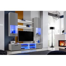 ExtremeFurniture Vida Meuble TV, Carcasse en Blanc Mat/Façade en Gris Brillant + LED Bleues