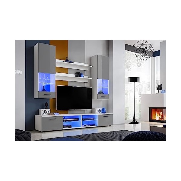 ExtremeFurniture Vida Meuble TV, Carcasse en Blanc Mat/Façade en Gris Brillant + LED Bleues