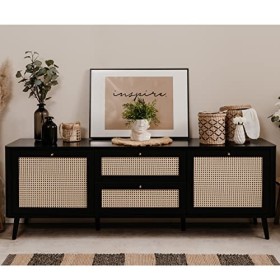 HOMIFAB Meuble TV cannage et Effet Bois Noir 175 cm - Padang