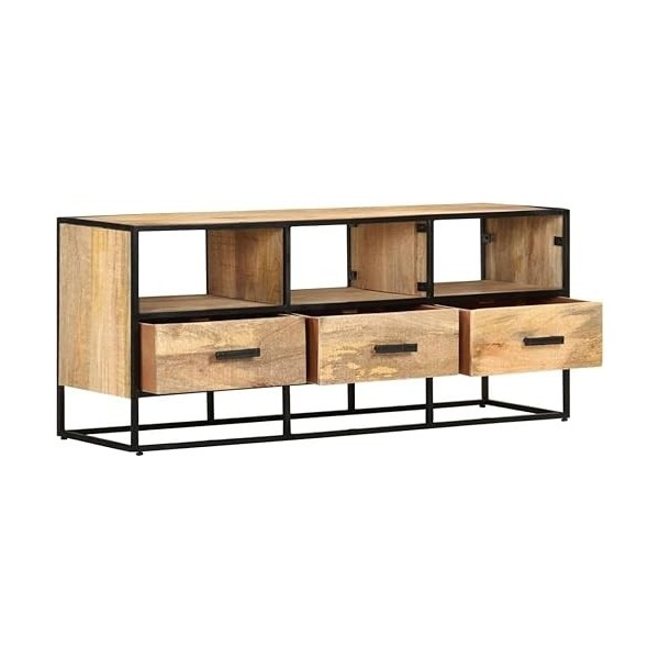 Suuim Meuble TV en Bois avec 3 tiroirs et 3 étagères, Meuble TV en Bois dacacia Massif, Centre de Divertissement, Console TV