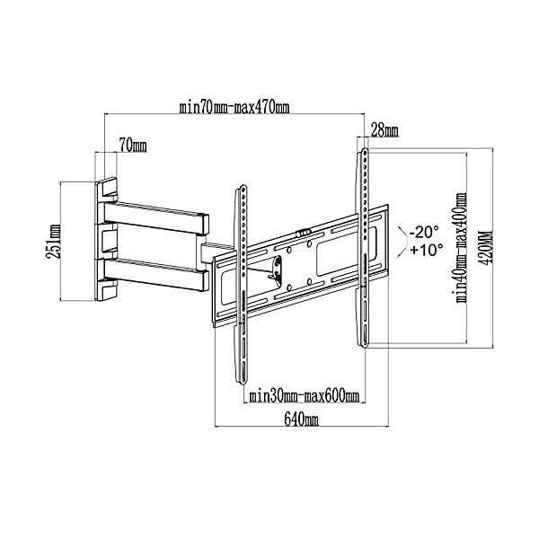 Support Mural TV My Wall H26-2WL 94,0 cm 37 - 177,8 cm 70 inclinable + pivotant, Rotatif