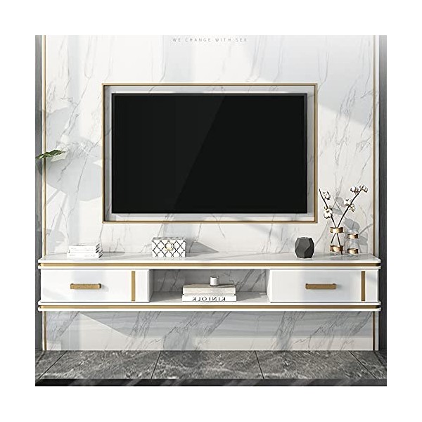 XIBANY Meuble TV Flottant, étagère de Rangement Murale pour Meuble TV avec 2 tiroirs, Bois de pin, Console multimédia Murale,
