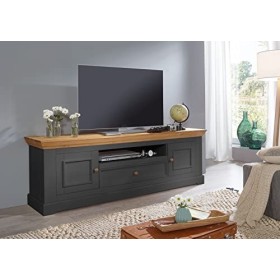 Woodroom Oslo Meuble TV, Table de télévision, Bas, Bois de pin, Gris, für Fernseher BIS zu 70 Zoll
