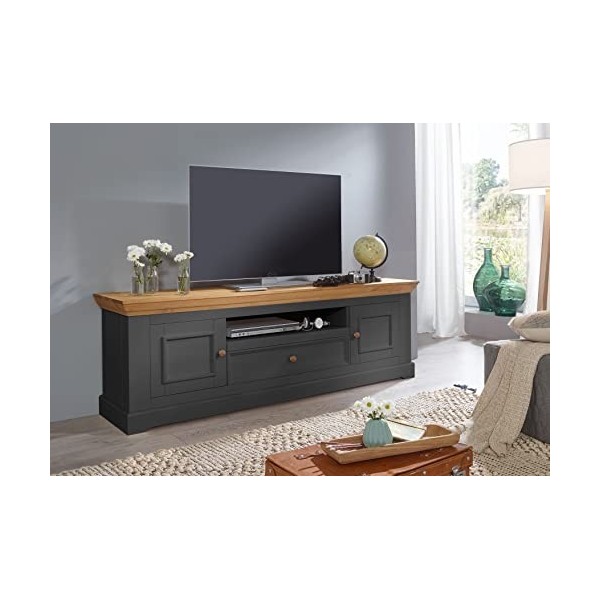 Woodroom Oslo Meuble TV, Table de télévision, Bas, Bois de pin, Gris, für Fernseher BIS zu 70 Zoll