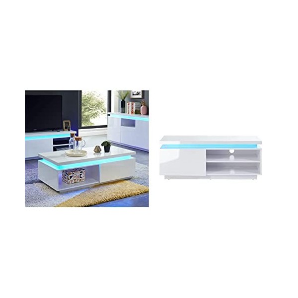 BAÏTA Cosmos Table Basse à LED, laqué, Blanc, 120cm & Cosmos Meuble TV à LED, laqué, 120cm