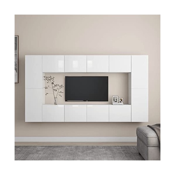 Ensemble de Meubles TV 8 pcs Blanc Brillant Aggloméré - Banc TV, Meuble TV Suspendu, Convient pour Salon ou Chambre