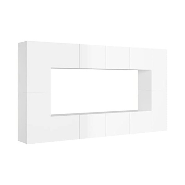 Ensemble de Meubles TV 8 pcs Blanc Brillant Aggloméré - Banc TV, Meuble TV Suspendu, Convient pour Salon ou Chambre