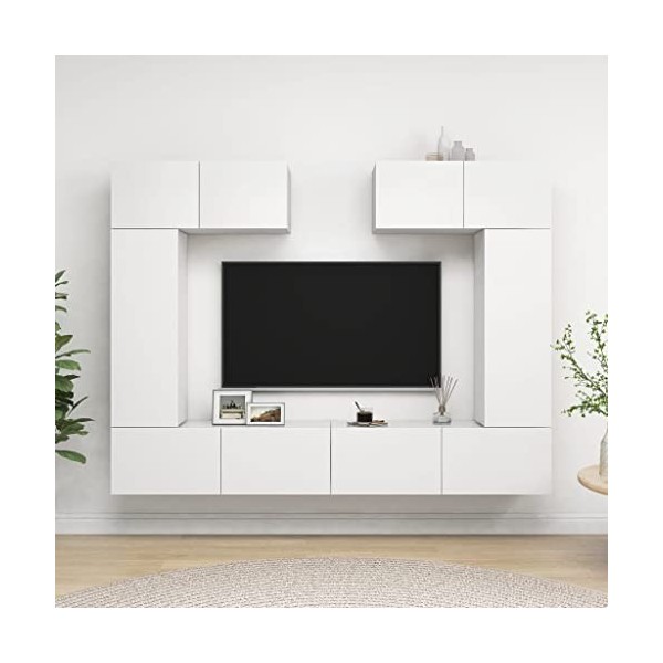 lvssiao Meuble TV pour salon avec 6 pièces en aggloméré Blanc très résistant Module TV pour chambre à coucher salon