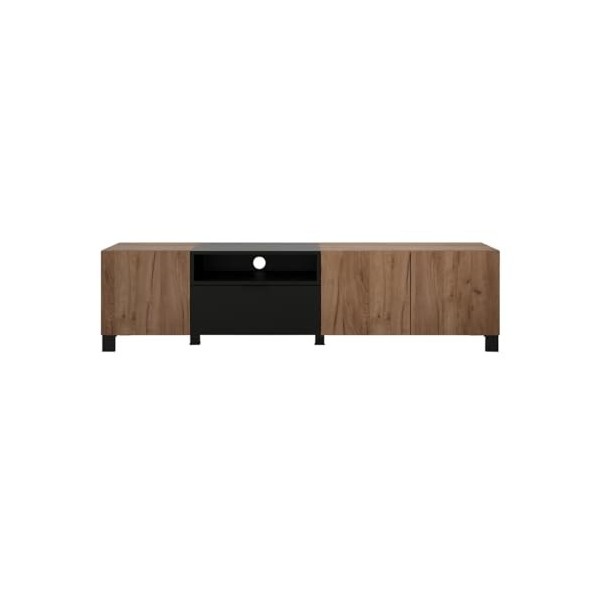PEGANE Meuble TV avec 3 Portes Coloris chêne ambré et Noir Mat - Longueur 185 x Hauteur 47 x Profondeur 40 cm