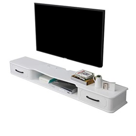 JUNNIU Meuble TV Mural 43,3/51,1 Pouces Meuble TV Flottant avec 2 Tiroirs, Étagère De Rangement Multimédia pour Centre De Div