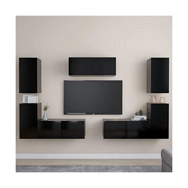 Meuble TV Mural avec Compartiments 7pcs, Meuble de Rangement TV Table pour Salon, Elégance, Noir