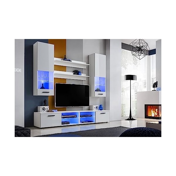 ExtremeFurniture Vida Meuble TV, Carcasse en Blanc Mat/Façade en Blanc Brillant + LED Multicolores avec télécommande