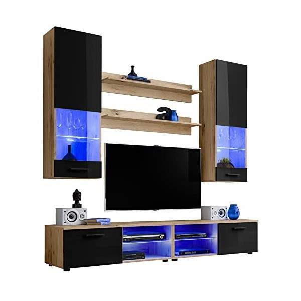 ExtremeFurniture Vida Ensemble Meuble TV Mural de Salon | 2 vitrines suspendues, 2 étagères murales et 2 Meubles TV | RGB | P